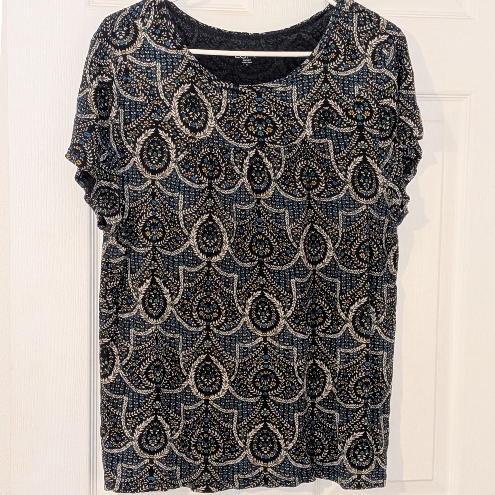 LOFT Outlet Womens XL Navy Blue Floral Medallion Rayon Short‎ Sleeve Knit Top
